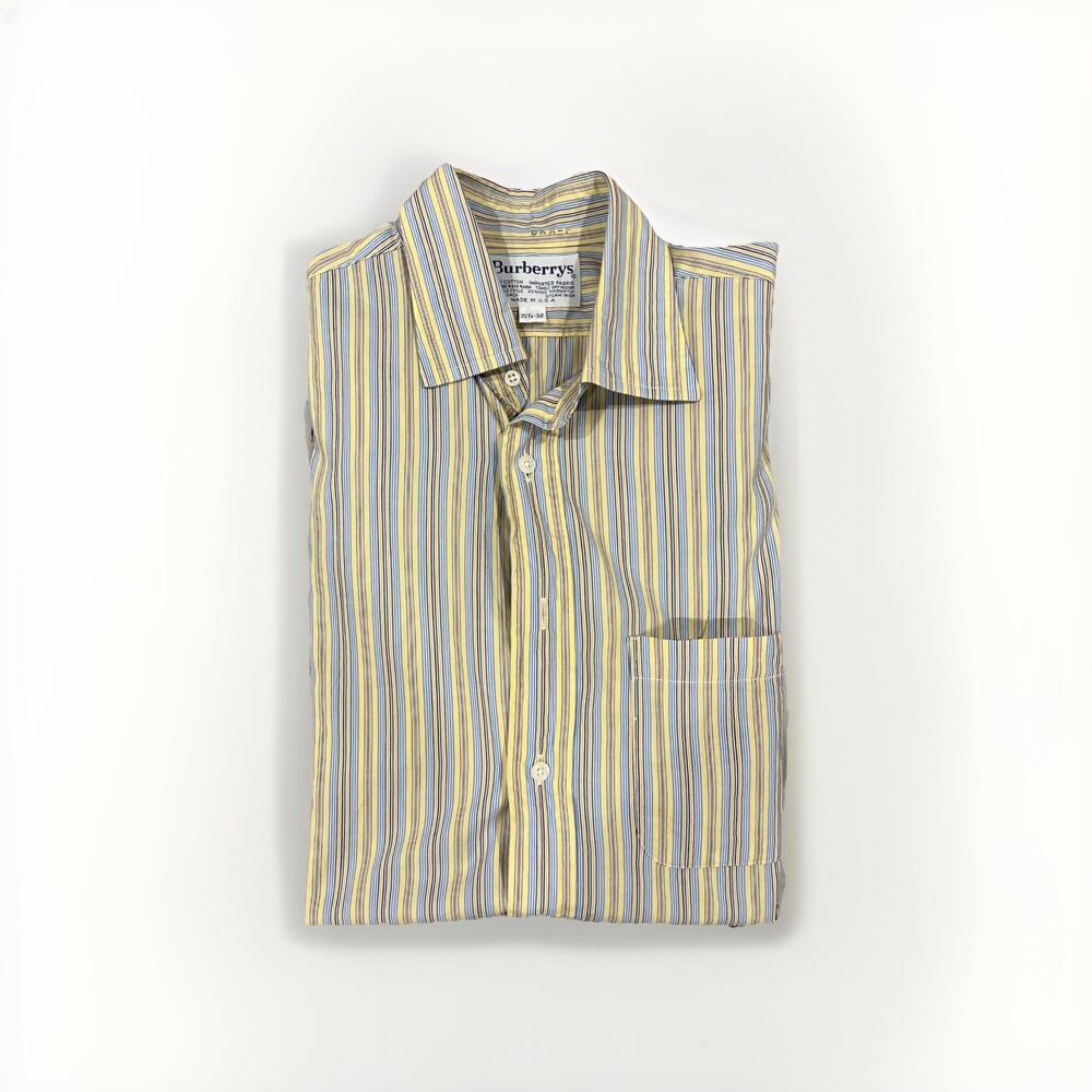 VTG BURBERRY LONDON MENS CASUAL BUTTON SHIRT 15.5/32 MEDIUM BLUE YELLOW STRIPES
